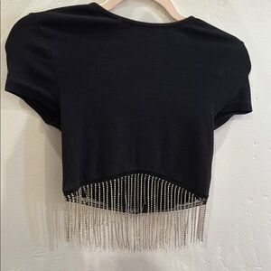 Black Embellished Crop Top with Silver Fringe